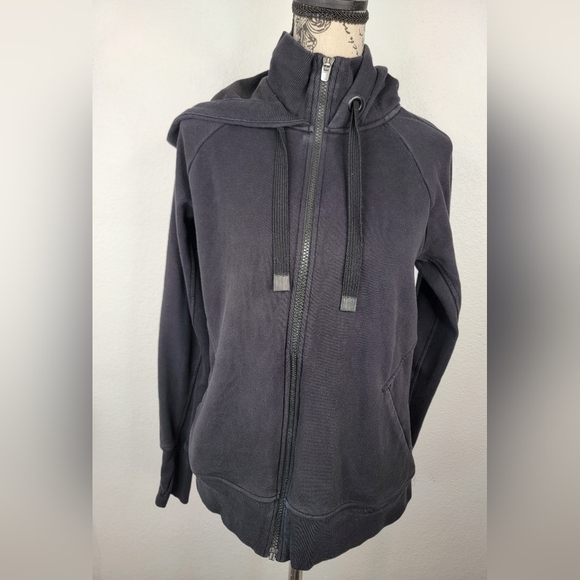 Athleta Sz M Triumph Zip Up Sweater Hooded Thumbholes Full Zip Black - Picture 1 of 10